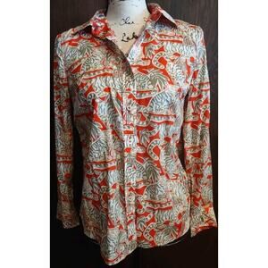 TALBOTS Petite Orange Green Tan Tiger Print Long Sleeve Button Up Shirt Blouse
